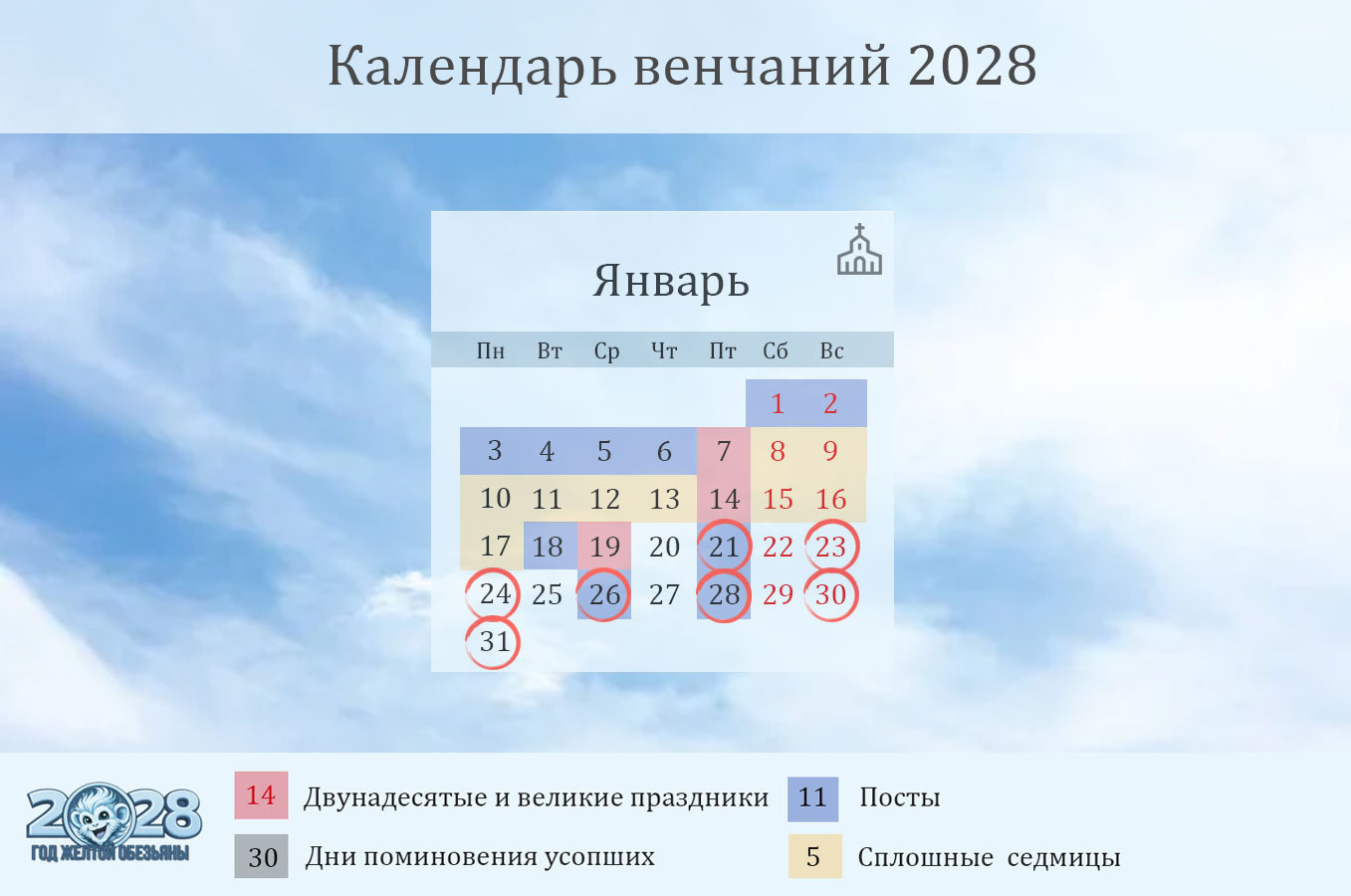 Даты венчаний на январь 2028 года