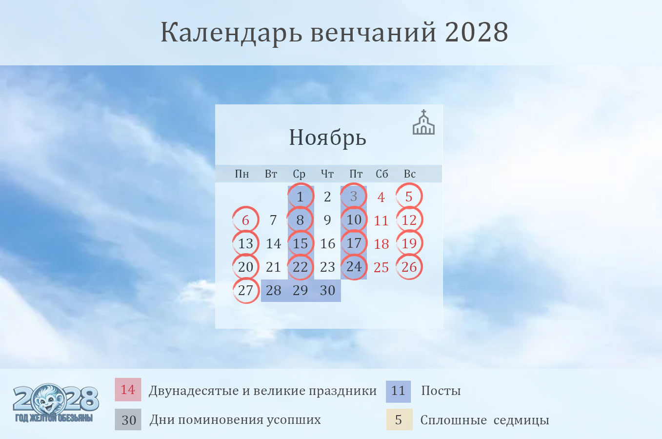 Даты венчаний на ноябрь 2028 года