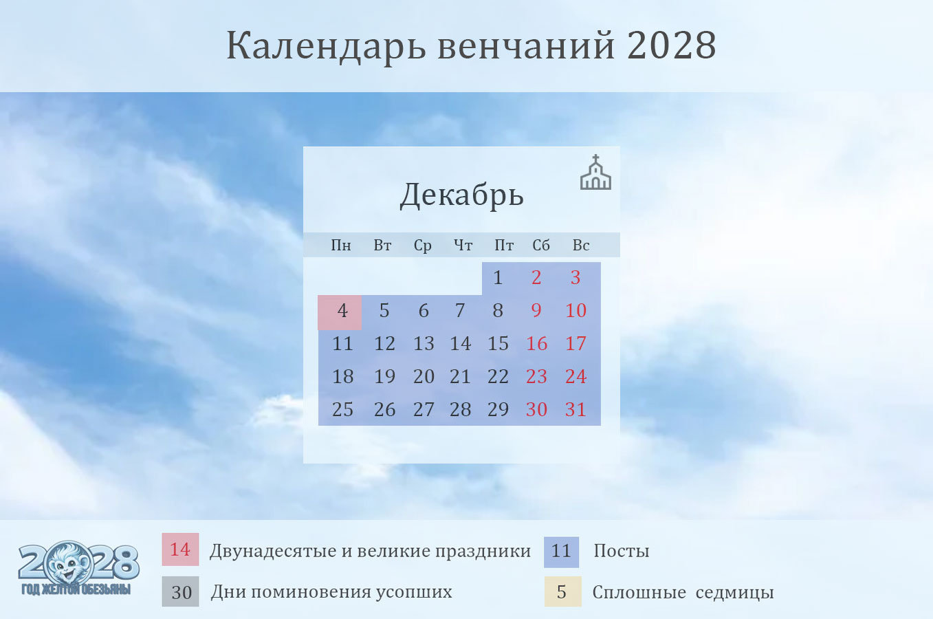 Даты венчаний на декабрь 2028 года