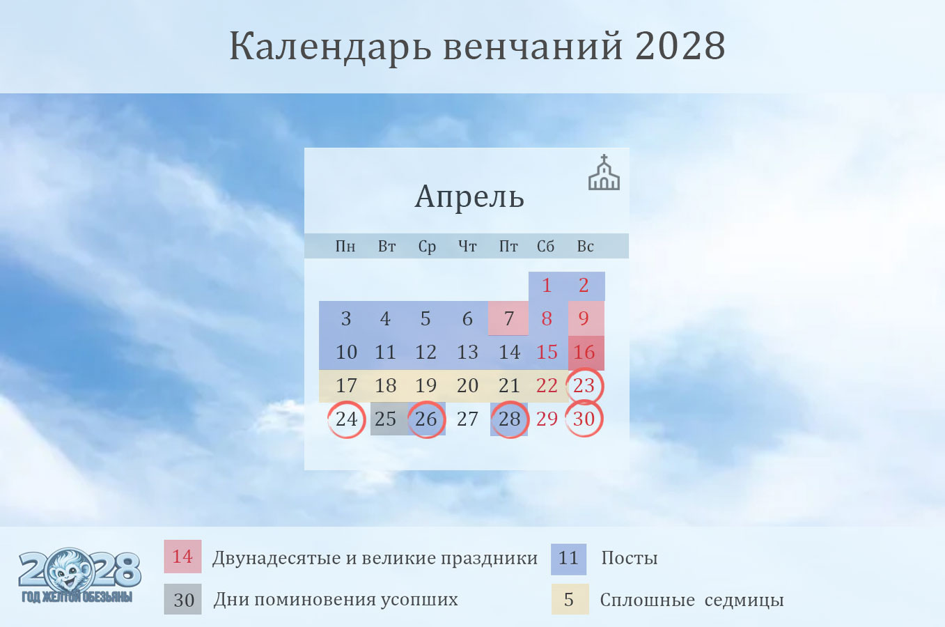 Даты венчаний на апрель 2028 года