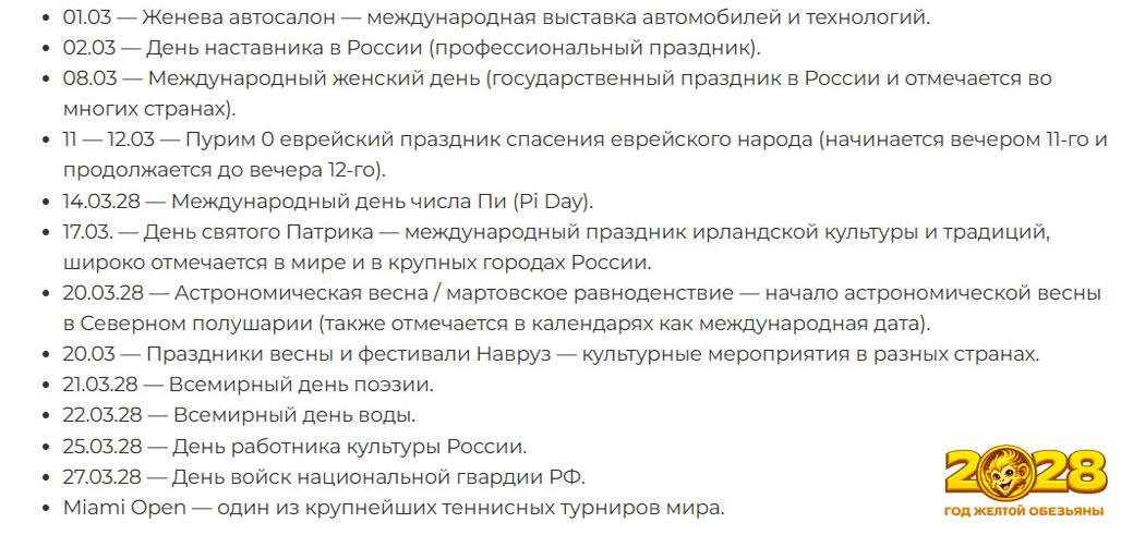 Ожидаемые события 2028 года в марте