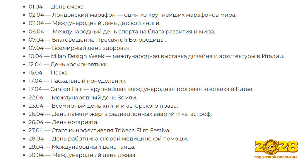 Ожидаемые события 2028 года в апреле